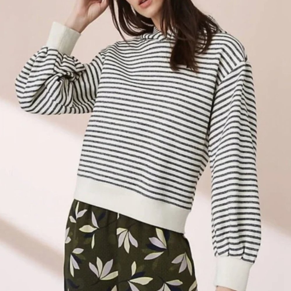 Lou & Grey Heathered Navy and White Balloon Sleeve Striped Sweatshirt